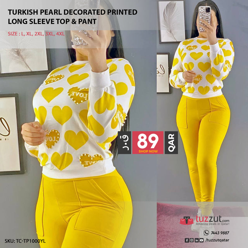 Turkish Pearl Decorated Printed  Long Sleeve Top & Pant - Yellow - Tuzzut.com Qatar Online Shopping